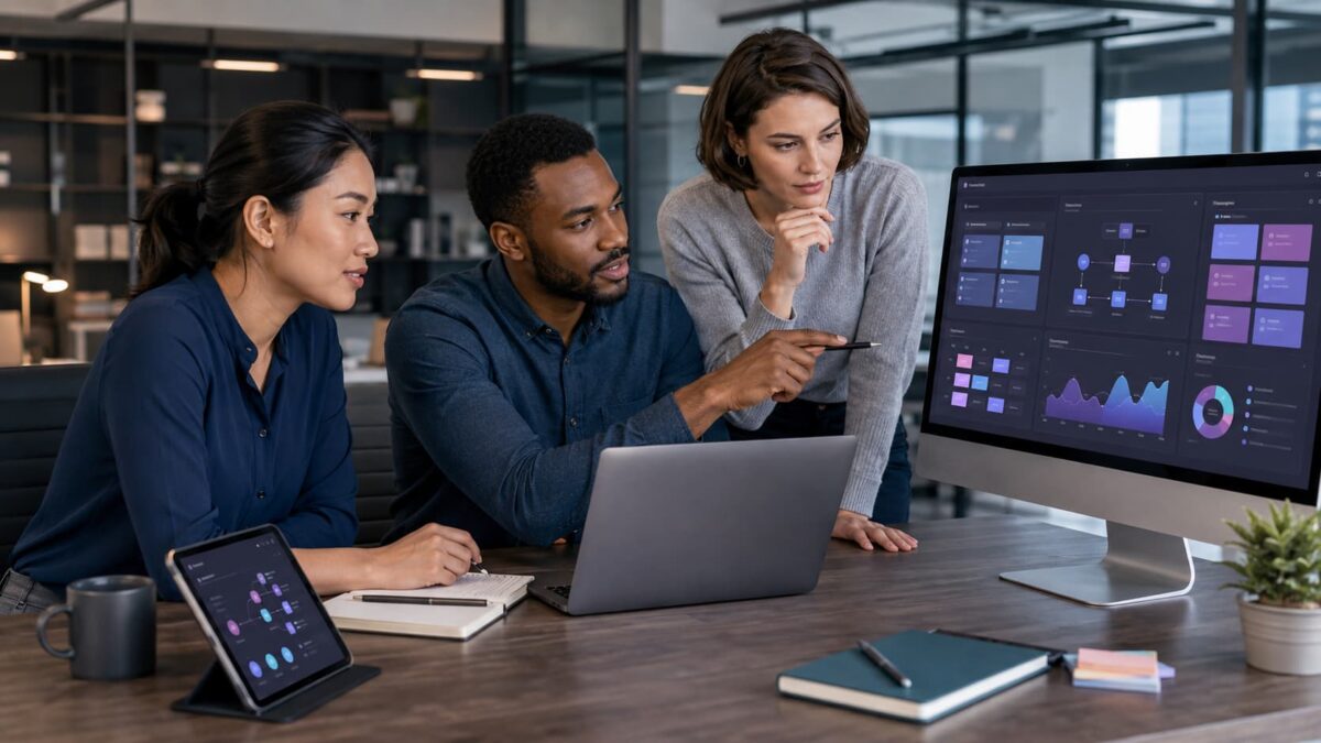 Three professionals reviewing AI productivity dashboards in a modern office Three professionals reviewing AI productivity dashboards in a modern office